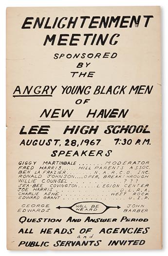 (BLACK PANTHERS) NEW HAVEN STUDENTS. Enlightenment Meeting, Sponsored by the Angry Young Black Men of New Haven. Lee High School.